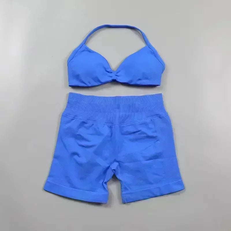 2 Pieces Sports Set Women Backless Tank Tops High Waist Scrunch Seamless Shorts Sport Suit Gym Set Sportswear Workout Set