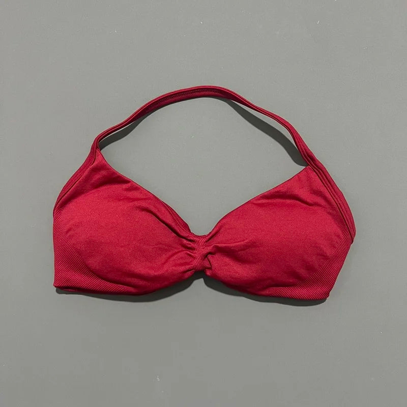 Sports Bra Strappy Backless Yoga Gym Bra Scrunch Push-up Removable Cups Women Workout Clothing Gym Top Halter Sport Bras