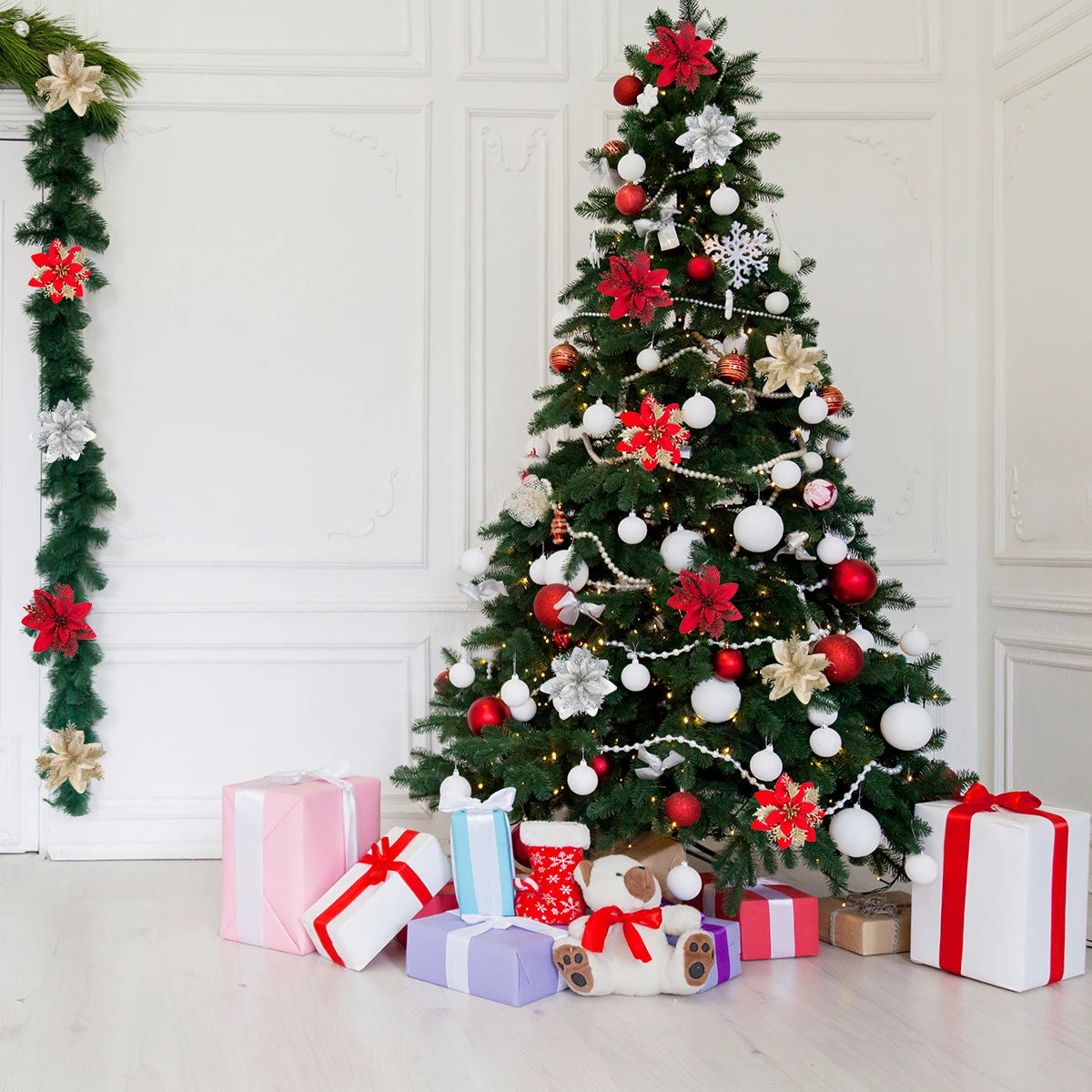 5-20pcs Sparkling Red Golden Silver Poinsettia Artificial Flowers Christmas Tree Ornaments for Xmas New Year party Decoration