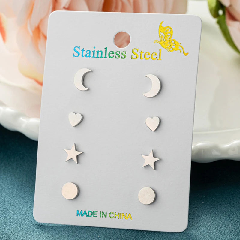 4Pairs/Lot Fashion Stainless Steel Star Moon Stud Earrings Sets for Women Small Flower Porker Dog Earings Jewelry Gift Wholesale