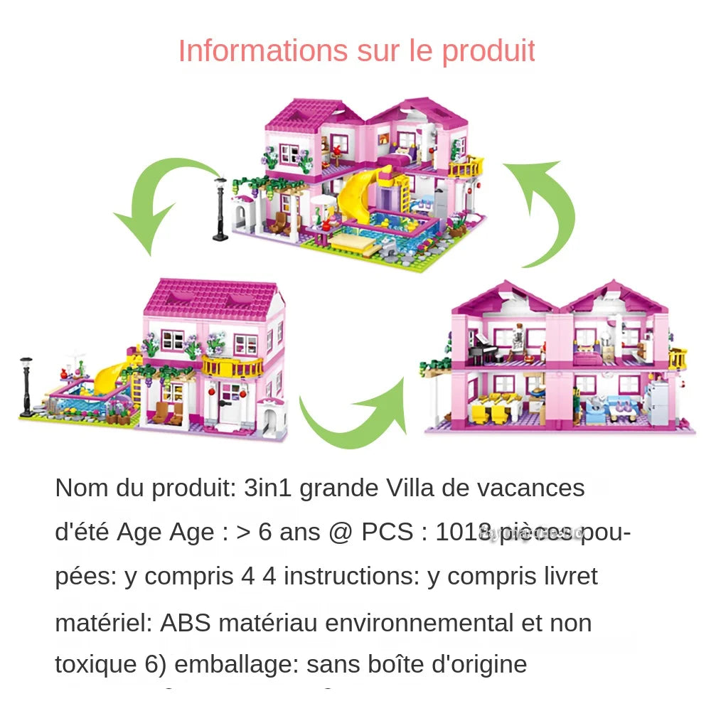 Friends City House Summer Holiday Villa Castle Building Blocks Sets Figures Swimming Pool DIY Toys for Kids Girls Christmas Gift