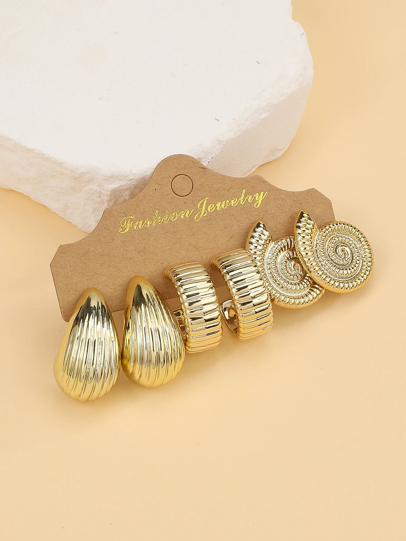 3PAIRS-6PAIRS/Set Fashionable &Golden Starfish, Seashell, Smooth Water Drop,Textured C-Shape Earrings Set,Travel & Vacation Wear