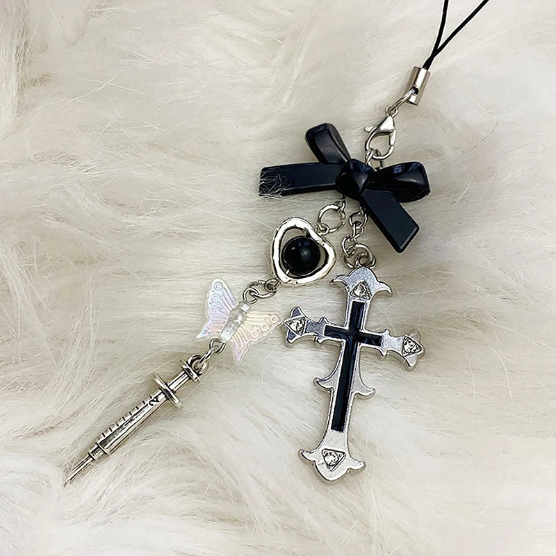 Black Punk Y2K Phone Pendant Chain Cool Girl Sweet Charm With Cross Butterfly Accessories For Phone Bag Lanyard Keychain