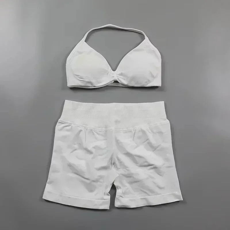 2 Pieces Sports Set Women Backless Tank Tops High Waist Scrunch Seamless Shorts Sport Suit Gym Set Sportswear Workout Set