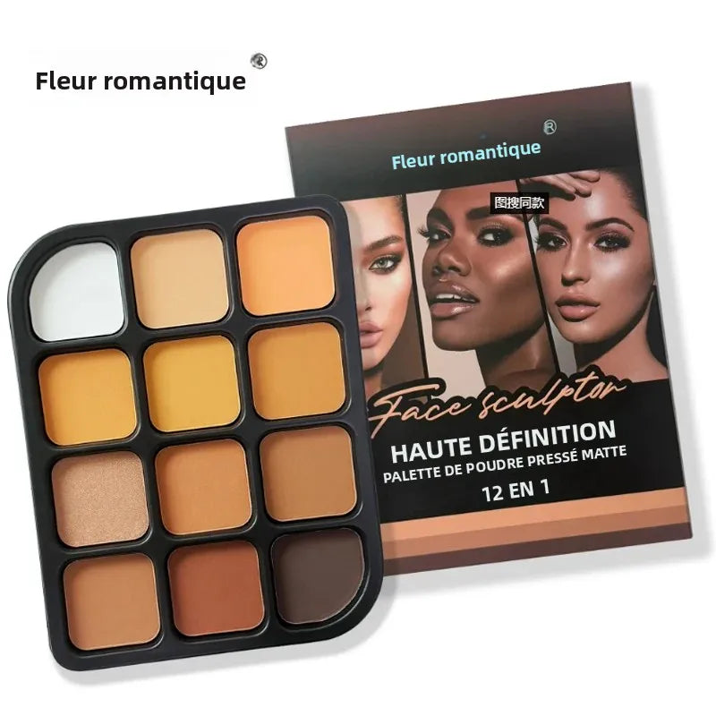 Deep Skin 12-Color Matte Contour Palette - Full Coverage All-In-One Highlighter Shading & Powder Face Makeup Kit