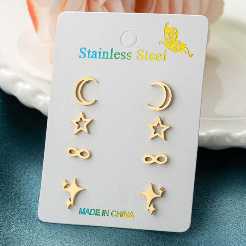 4Pairs/Lot Fashion Stainless Steel Star Moon Stud Earrings Sets for Women Small Flower Porker Dog Earings Jewelry Gift Wholesale