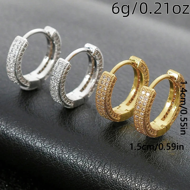 2 Pcs Fashion Full Diamonds Sparkling Copper Silver Colour Hoop Earrings Men Party Daily Jewelry