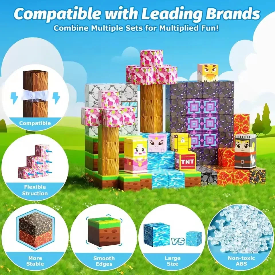 Magnetic Building Blocks Mine World Magnet Cube Set for Boy Girl Kid Age 3+ DIY Model Children Stem STEM Sensory Toy Gift