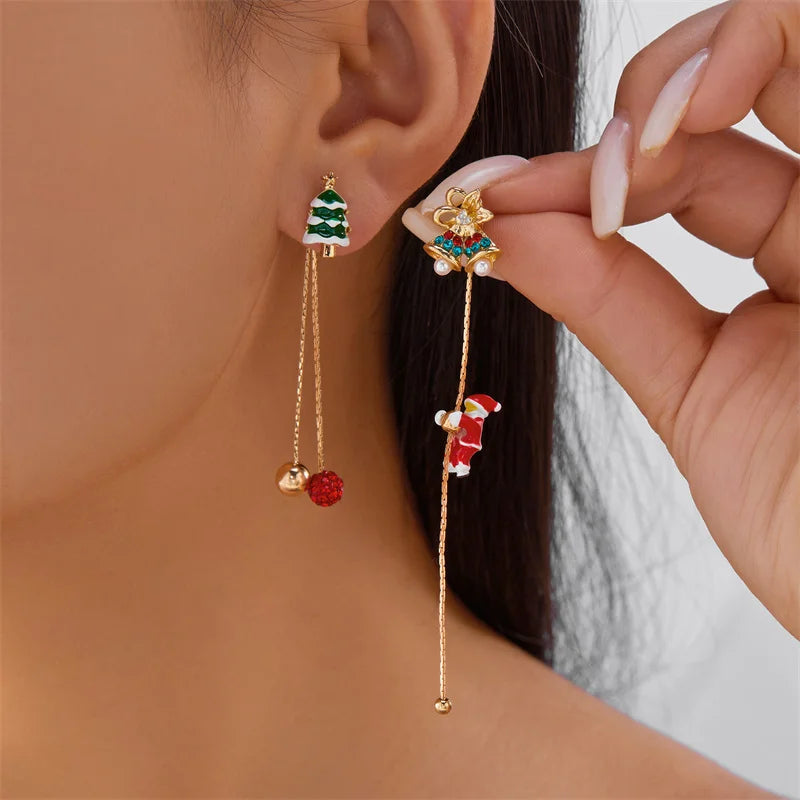 New Design Moving Santa Claus Tassel Dangle Earrings for Women Christmas Tree Snowflake Asymmetric Long Earring New Year Jewelry