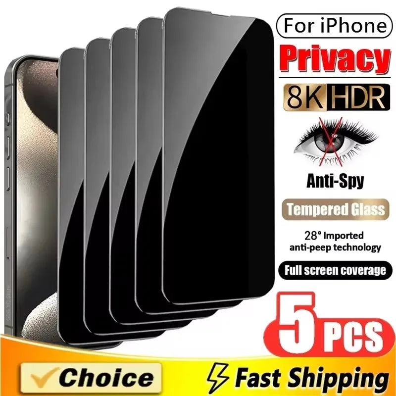 5PCS Anti-Spy Glass For iPhone 16 15 14 13 12 11 17 Pro Max Privacy Screen Protectors For iPhone X XS XR Plus SE Tempered Glass