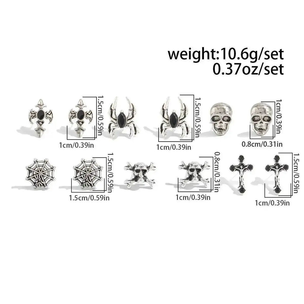 KunJoe 6 Pairs Gothic Spider Cross Skull Earrings for Women Retro Bat Skeleton Stud Earrings Halloween Jewelry Accessories
