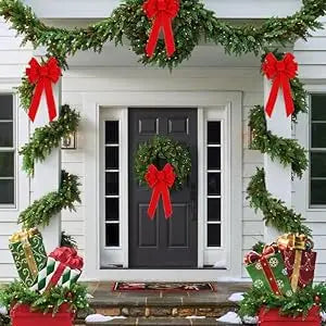 Red Christmas Bows Outdoor Decorations Large Christmas Tree Top Bow Velvet Wreath with Glitter Gold Edge Front Door Decoration