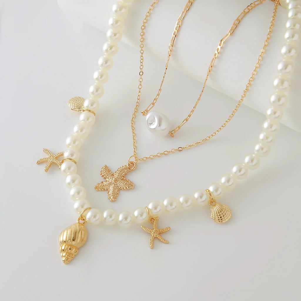 MHS.SUN Summer Shell Starfish Conch Pendant Necklace for Women Bohemian Metal Gold Color Chic Beach Jewelry Vacation Party Gift