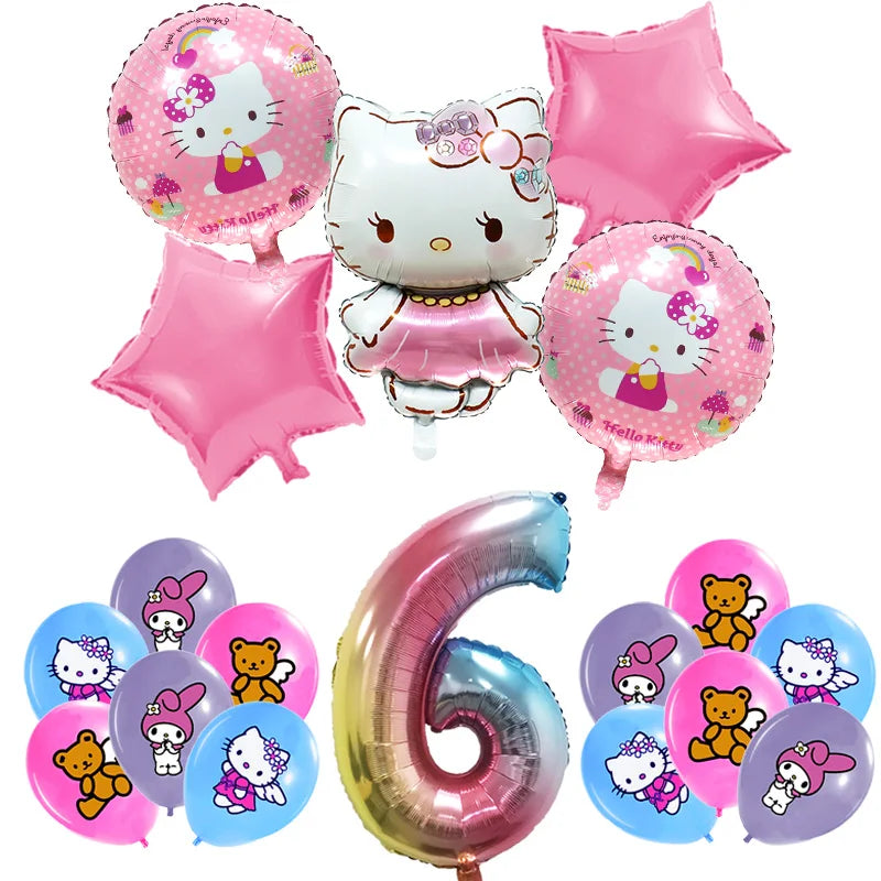 Hello Kitty Birthday Party Decoration Cartoon Cat Kids Aluminum Foil Balloon Disposable Tableware Banner Child Event Supplies