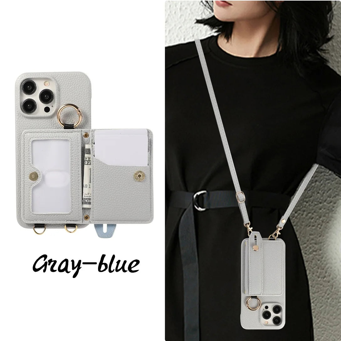 Luxury Shoulder Leather Card Pocket Wallet Case For iPhone 11 12 13 14 15 16 17 Pro Max Plus Purse Phone Cover Wrist Strap Stand