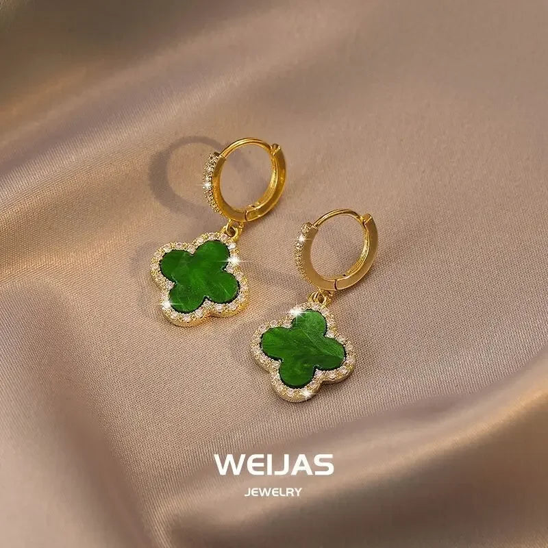 Green Four-leaf Clover Earrings Women's Gentle Fashionable Jewelry Ear Studs Autumn Winter Stylish Korean Trend