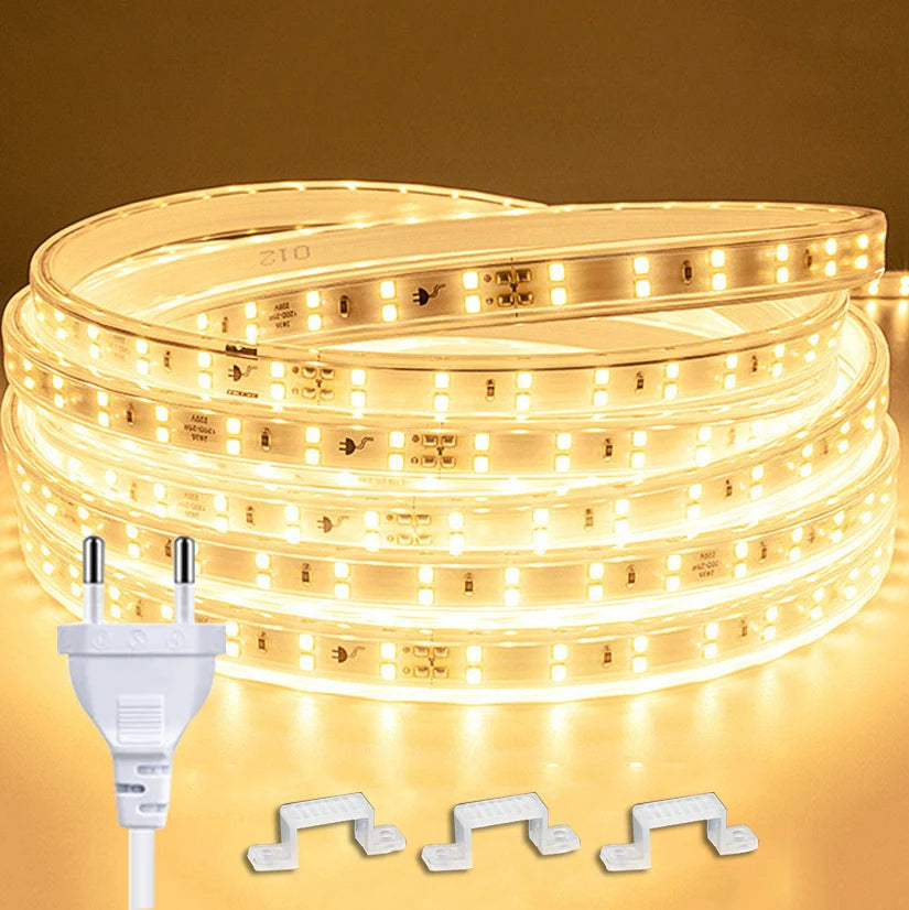 220V Led Strip 1-30m With Eu Plug 2835 Flexible Ribbon Light Waterproof Led Tape for Home Kitchen Outdoor Garden Decor Lighting
