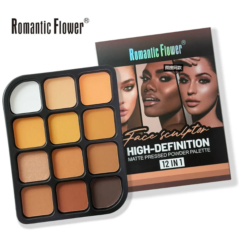 Deep Skin 12-Color Matte Contour Palette - Full Coverage All-In-One Highlighter Shading & Powder Face Makeup Kit