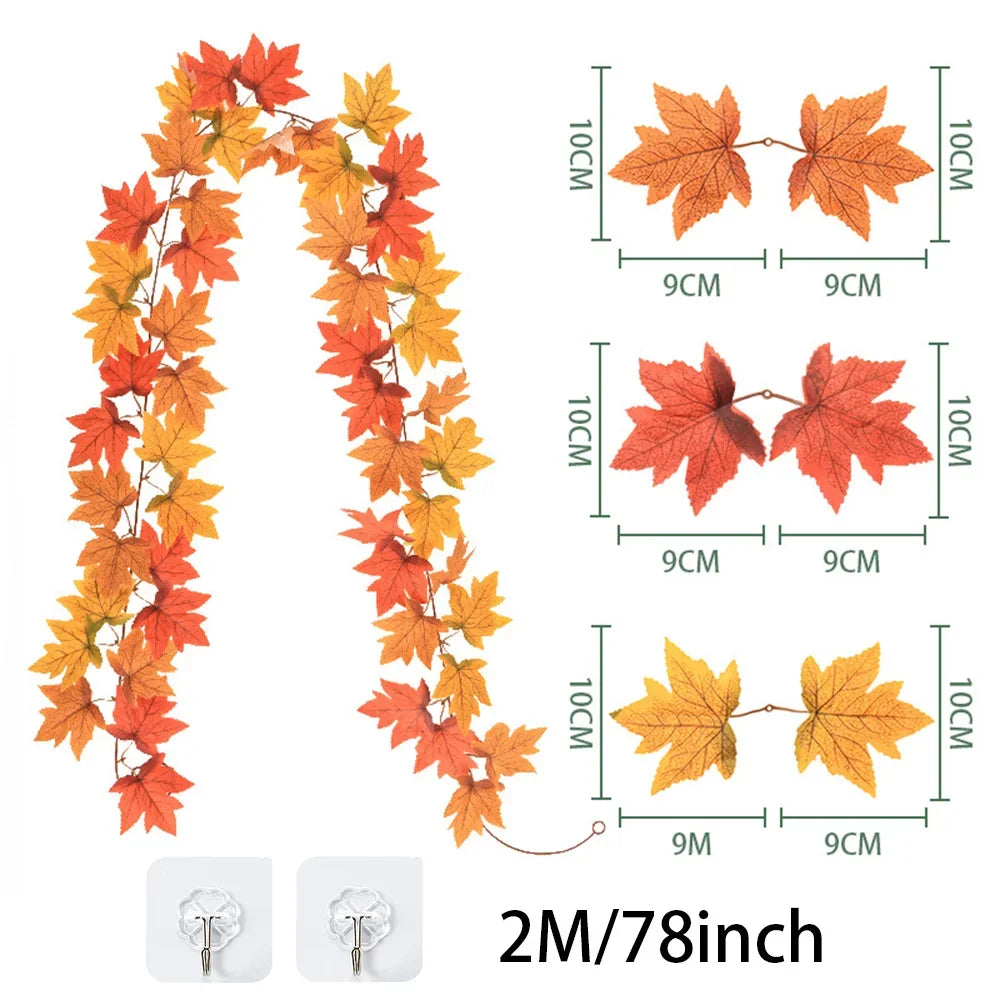2M Artificial Fall Maple Leaf Garland Fake Plants Autumn Decor Leaves Vine for Thanksgiving Halloween Festivals Wedding Decora