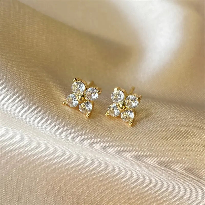 Exquisite Small Round Cubic Zirconia Flower Shape Stud Gold Color Earring for Women Simple Party Wedding Fashion Jewelry