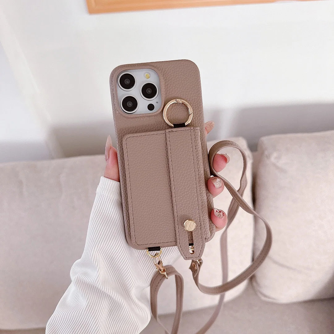 Luxury Shoulder Leather Card Pocket Wallet Case For iPhone 11 12 13 14 15 16 17 Pro Max Plus Purse Phone Cover Wrist Strap Stand