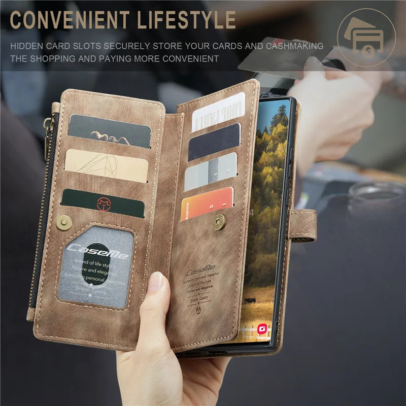 Flip Leather Phone Case For Samsung Galaxy S25 Edge S24 Ultra S23 FE S22 S21 S20 Plus Note 20 A16 A56 Zipper Wallet Card Cover