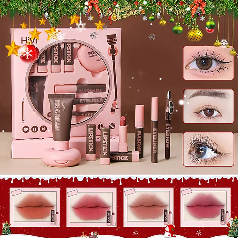 Women's Christmas makeup set, 9 lipsticks & powder press &BB cream & eyebrow pencil & mascara & eyeliner set,for women and girls