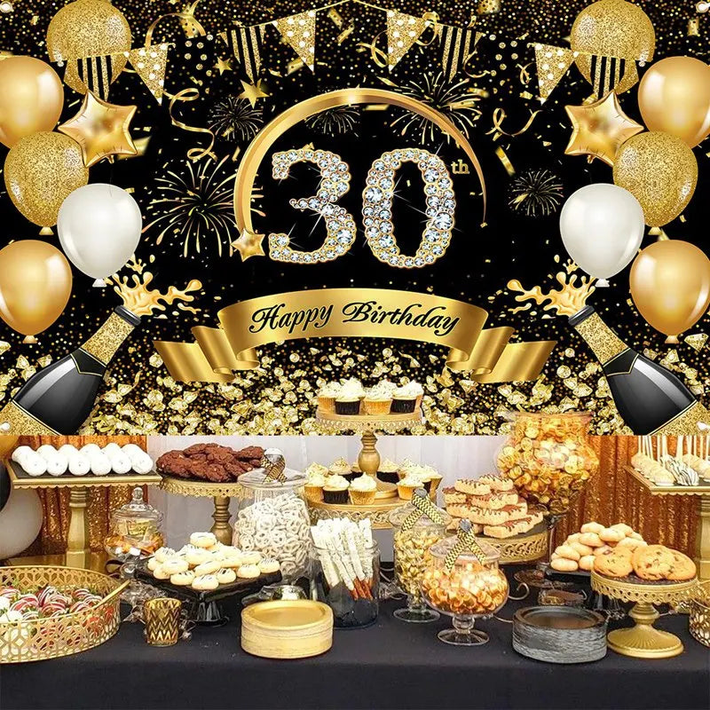 Happy 30th 40th 50th Birthday Banners Black Gold Birthday Party Decorations Adults 30 40 50 Years Old Birthday Party Supplies