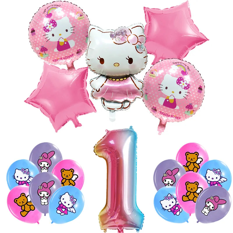 Hello Kitty Birthday Party Decoration Cartoon Cat Kids Aluminum Foil Balloon Disposable Tableware Banner Child Event Supplies
