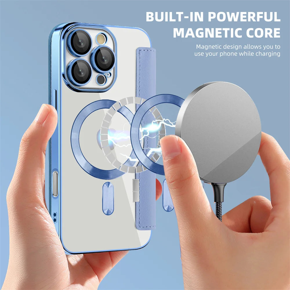 Luxury Transparent Flip Leather Wallet Magnetic Phone Case For iPhone 15 16 17 Pro Max 14 13 12 11 Card Bag For Magsafe Cover