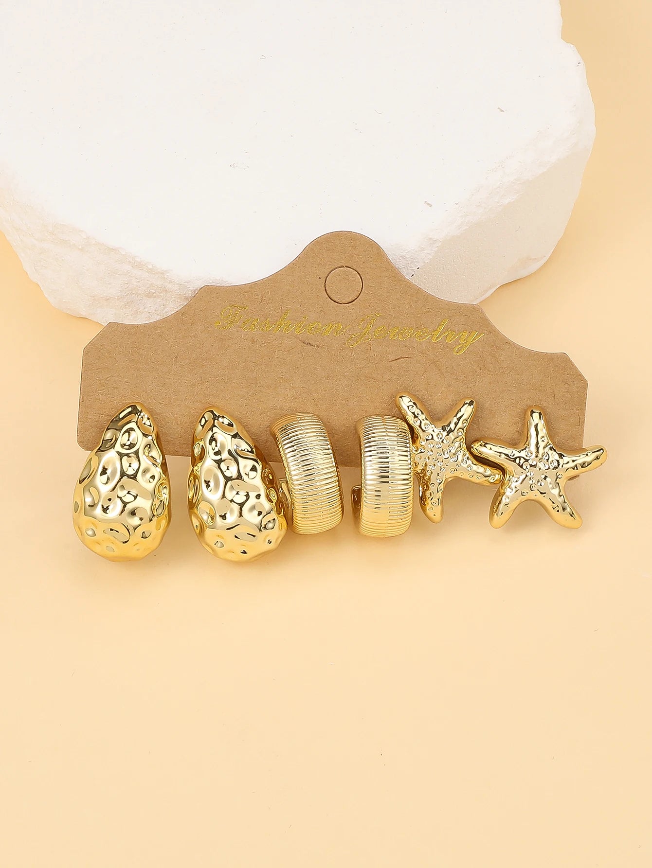3PAIRS-6PAIRS/Set Fashionable &Golden Starfish, Seashell, Smooth Water Drop,Textured C-Shape Earrings Set,Travel & Vacation Wear