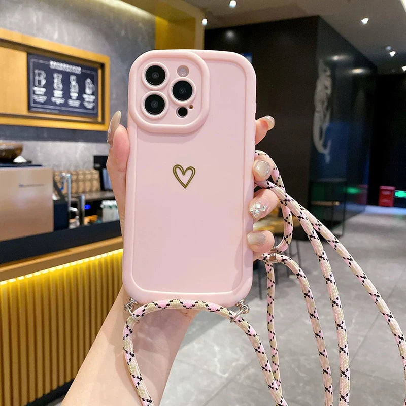Crossbody Love Phone Cases for IPhone 17 16 Pro Max 15 14 13 12 11 With Lanyard Silicone Back Cover