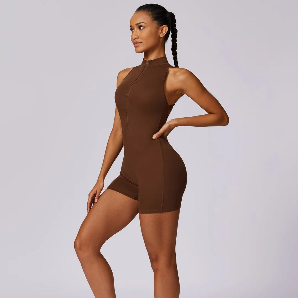 Solid Soft Backless Back Waist Scrunch Yoga Jumpsuit Short Set Women Zipper Sportswear Fitness One Piece Sports Suit Workout