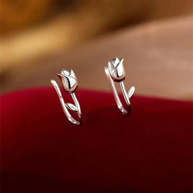 Fashion Silver Color Tulip Flower Stud Earrings for Women Girls Simple Unique Sweet Romantic Jewelry Party 2025 New Trend
