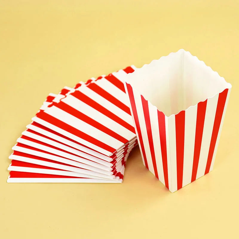 10Pcs Popcorn Paper Boxes Buckets Red White Stripes Bags Snack Containers For Movie Night Birthdays Carnival Party Supplies
