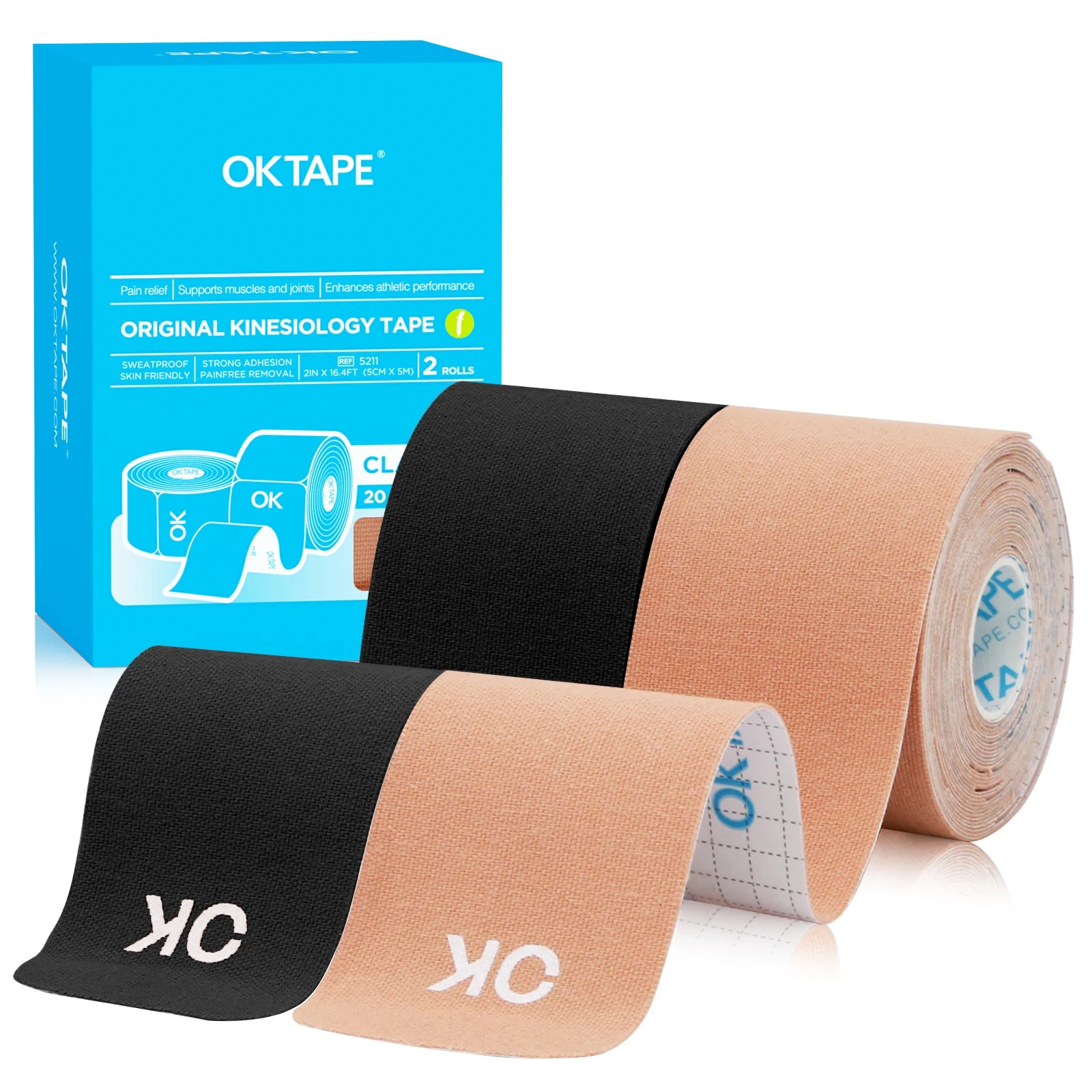2 Rolls OK TAPE Updated Kinesiology Tape, New Packaging 5cm x 5m, 25cm Precut 20 Strips, Cotton Elastic Athletic Tape Latex Free