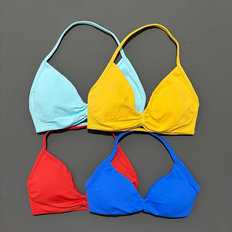 Sports Bra Strappy Backless Yoga Gym Bra Scrunch Push-up Removable Cups Women Workout Clothing Gym Top Halter Sport Bras