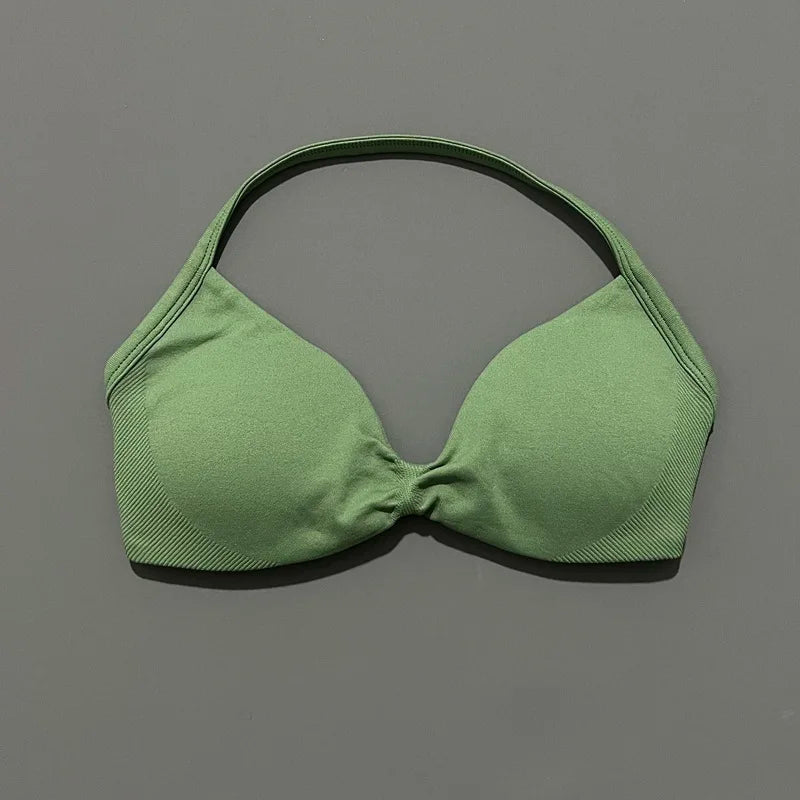 Sports Bra Strappy Backless Yoga Gym Bra Scrunch Push-up Removable Cups Women Workout Clothing Gym Top Halter Sport Bras