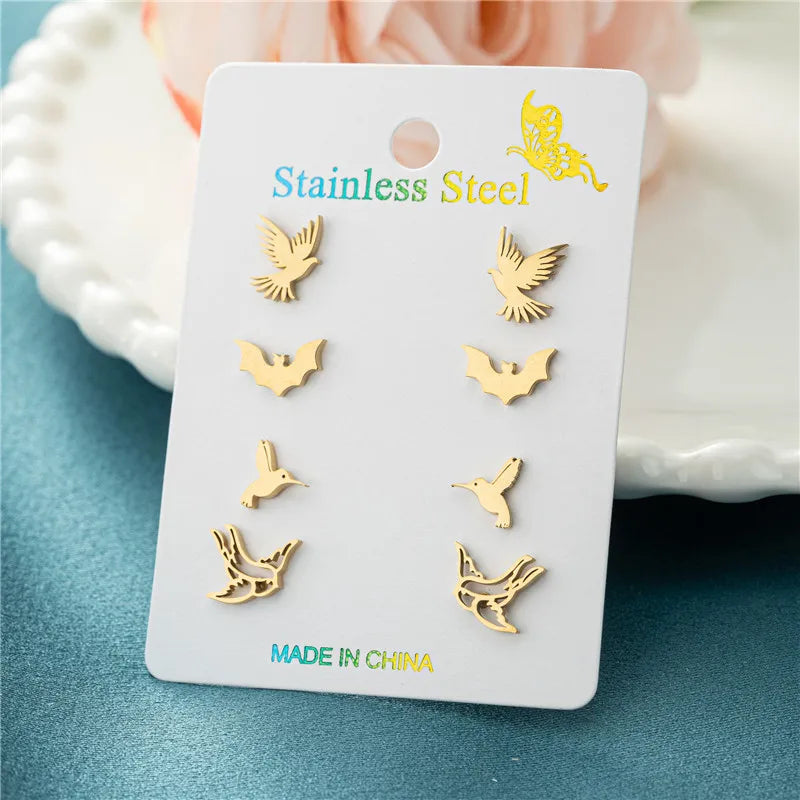 4Pairs/Lot Fashion Stainless Steel Star Moon Stud Earrings Sets for Women Small Flower Porker Dog Earings Jewelry Gift Wholesale