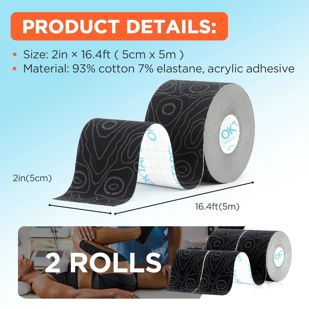 2 Rolls OK TAPE PRO Kinesiology Tape, New Packaging 5cmX16ft Free Cut Tape, Updated Elastic Athletic Tape Therapeutic Latex Free