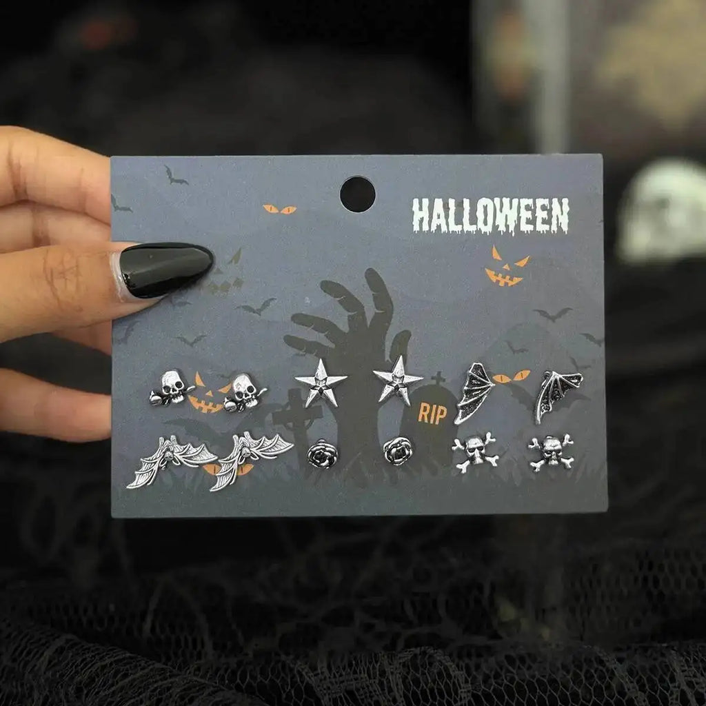 KunJoe 6 Pairs Gothic Spider Cross Skull Earrings for Women Retro Bat Skeleton Stud Earrings Halloween Jewelry Accessories