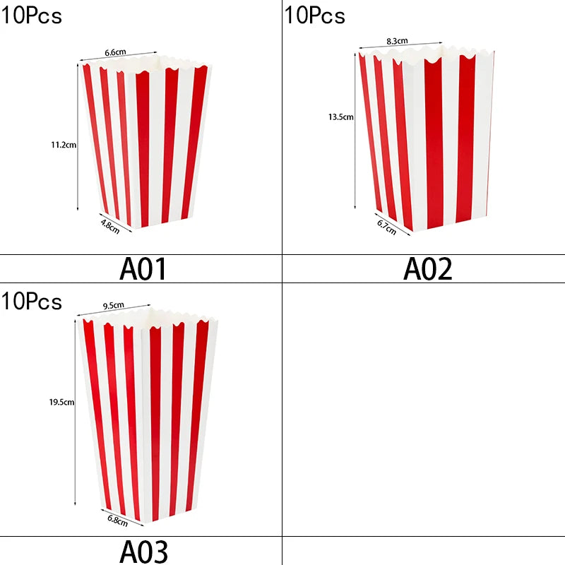 10Pcs Popcorn Paper Boxes Buckets Red White Stripes Bags Snack Containers For Movie Night Birthdays Carnival Party Supplies