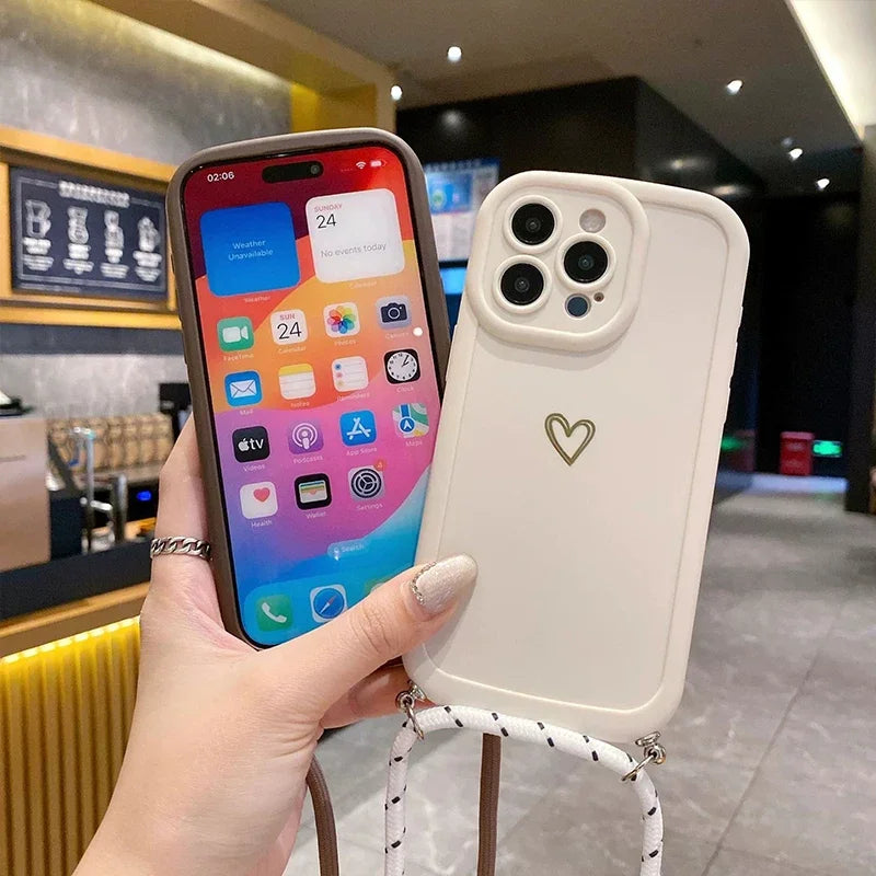 Crossbody Love Phone Cases for IPhone 17 16 Pro Max 15 14 13 12 11 With Lanyard Silicone Back Cover