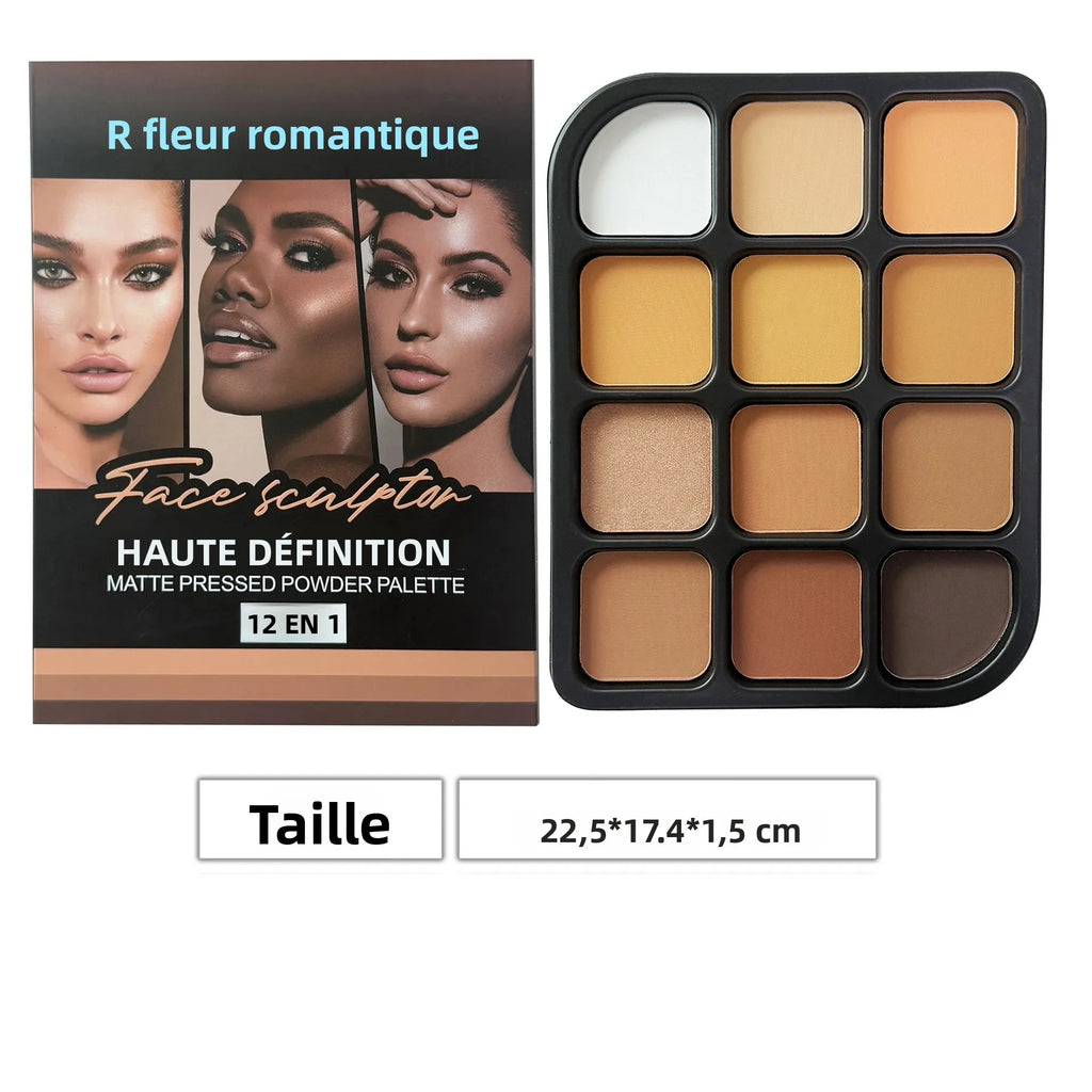 Deep Skin 12-Color Matte Contour Palette - Full Coverage All-In-One Highlighter Shading & Powder Face Makeup Kit