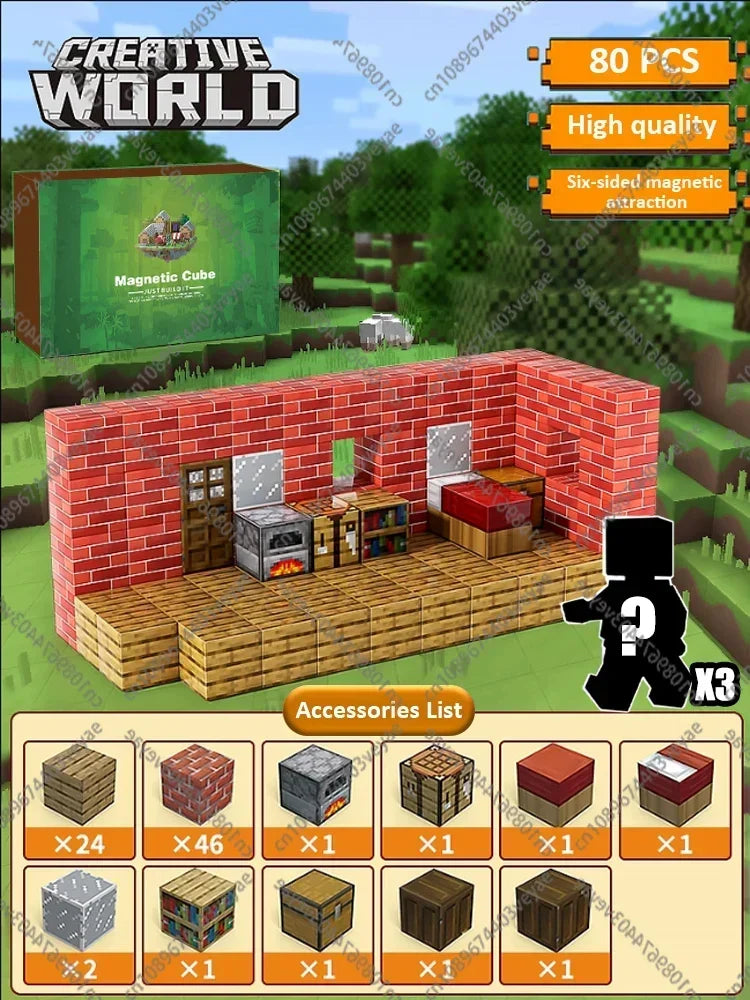 Magnetic Building Blocks Mine World Montessori Educational STEM Sensory Toy for Magnet Cube Kids Boys Girls Ages 3+ DIY Toy Gift