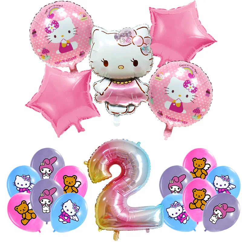 Hello Kitty Birthday Party Decoration Cartoon Cat Kids Aluminum Foil Balloon Disposable Tableware Banner Child Event Supplies