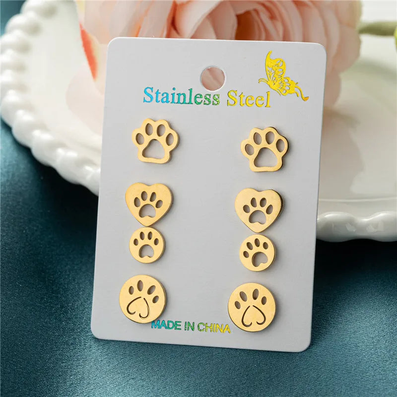 4Pairs/Lot Fashion Stainless Steel Star Moon Stud Earrings Sets for Women Small Flower Porker Dog Earings Jewelry Gift Wholesale