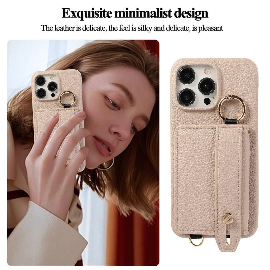 Luxury Shoulder Leather Card Pocket Wallet Case For iPhone 11 12 13 14 15 16 17 Pro Max Plus Purse Phone Cover Wrist Strap Stand