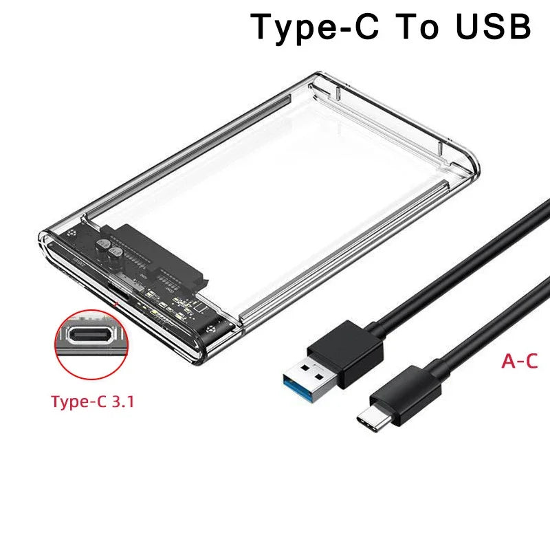 USB 3.0/Type C HDD Enclosure 2.5 inch SATA SSD External Hard Drive Case with 5Gbps Transfer Speed Clear Harddisk Boxs Tool-Free