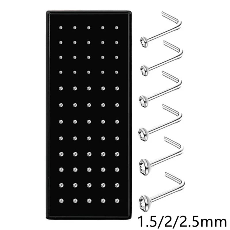 60Pcs Fashion L Shape Rhinestone Crystal Stainless Steel Nose Piercing Ear Bone Women Hypoallergenic Body Jewelry Piercing
